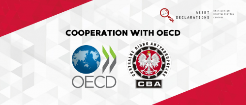 The graphic represents the cooperation between the Central Anti-Corruption Bureau (CBA) and the Organisation for Economic Co-operation and Development (OECD). On the left, the OECD logo features a blue globe with green and gray arrows. On the right, the CBA logo includes a white eagle on a red background, surrounded by a black-and-white circle with the inscription &quot;Centralne Biuro Antykorupcyjne.&quot; The background is light with a geometric pattern, and in the top right corner, the slogan &quot;Asset Declarations – Unification, Digitization, Control&quot; is displayed.