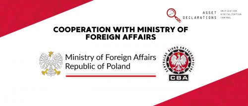 The graphic announces cooperation between the Central Anti-Corruption Bureau (CBA) and the Ministry of Foreign Affairs. In the center, there is bold black text that reads: &quot;COOPERATION WITH THE MINISTRY OF FOREIGN AFFAIRS.&quot; Below, there are two logos: on the left, the Ministry of Foreign Affairs logo, featuring a white eagle with a golden crown and the black inscription &quot;Ministry of Foreign Affairs&quot; with a red underline; on the right, the CBA logo, which consists of a white eagle on a red background, surrounded by a black circle with the institution&#039;s name. In the top right corner, there is a logo for the &quot;Asset Declarations&quot; project, featuring a magnifying glass icon and the words &quot;UNIFICATION, DIGITIZATION, CONTROL.&quot; The background of the graphic is white with a geometric pattern and red accents in the corners.