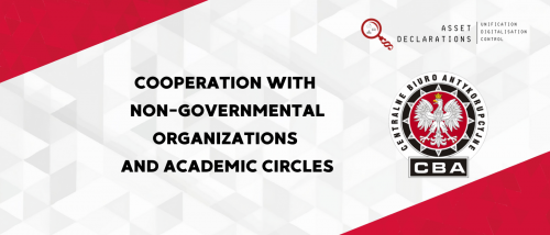 The graphic announces a meeting of the Central Anti-Corruption Bureau (CBA) with representatives of non-governmental organizations and academic communities. In the center, there is bold black text that reads: &quot;MEETING WITH REPRESENTATIVES OF NON-GOVERNMENTAL ORGANIZATIONS AND ACADEMIC COMMUNITIES.&quot; On the right side, the CBA logo is visible – a white eagle on a red background, surrounded by a black circle with the institution&#039;s name. In the top right corner, there is a logo for the &quot;Asset Declarations&quot; project, featuring a magnifying glass icon and the words &quot;UNIFICATION, DIGITIZATION, CONTROL.&quot; The background of the graphic has a white and gray geometric pattern with red accents in the corners.